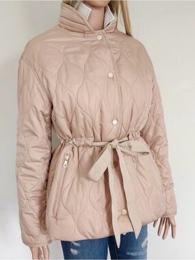 NWT Kate Spade Quilted Belted Chevron Puffer Jacket Coat Neutral Blush Pink XS
